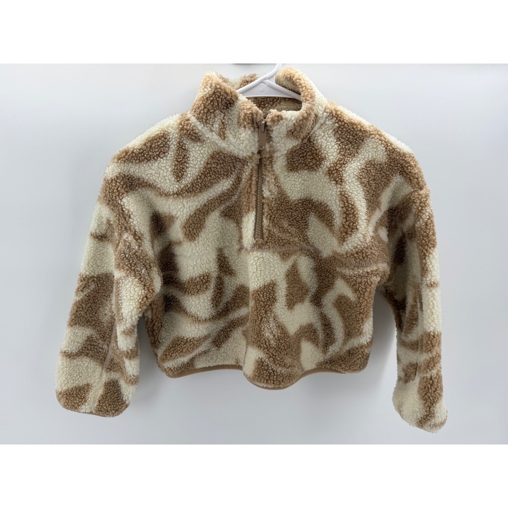 Primark Fleece Pullover Girls 7-8 Cream Excellent Cropped Abstract Quarter-Zip